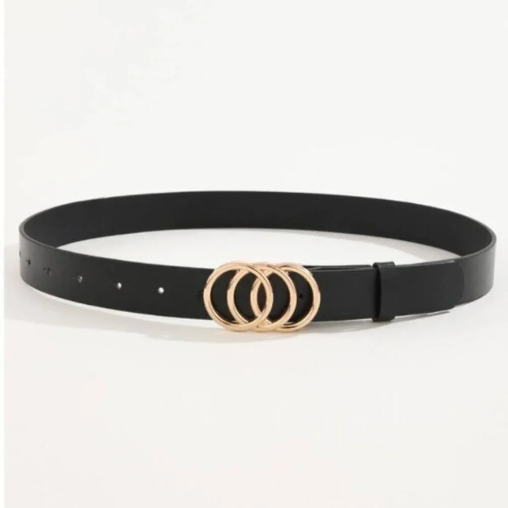 Vegan Leather 3-Ring Buckle Gold Color Belt Brown